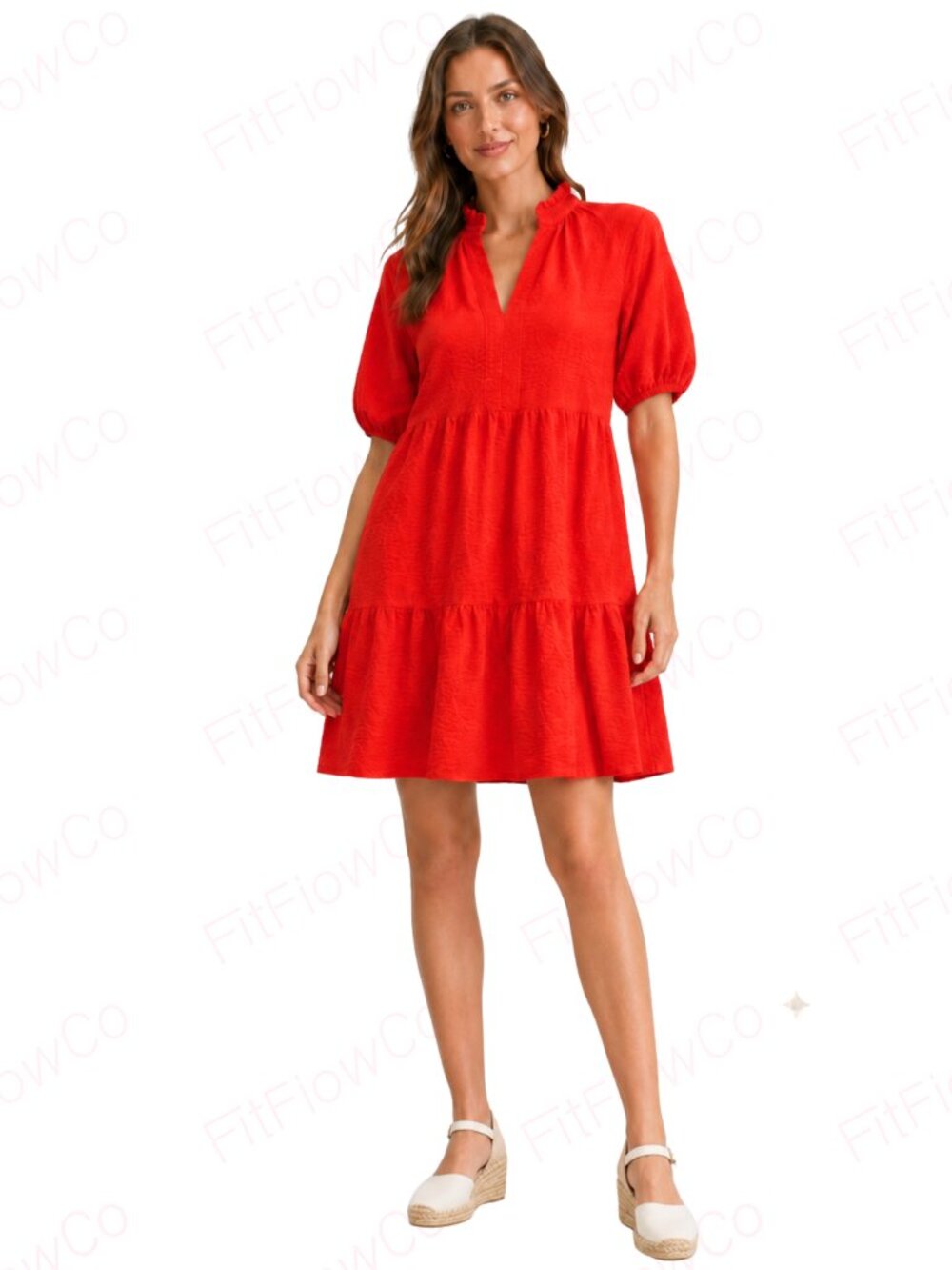 1.STATE Red Tiered Babydoll Mini Dress Puff Sleeve Ruffle Neck XS